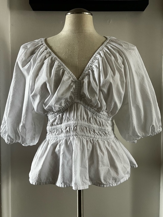 Old Navy Tops - Old Navy White Smocked Peplum V-Neck Top with Puff Sleeves